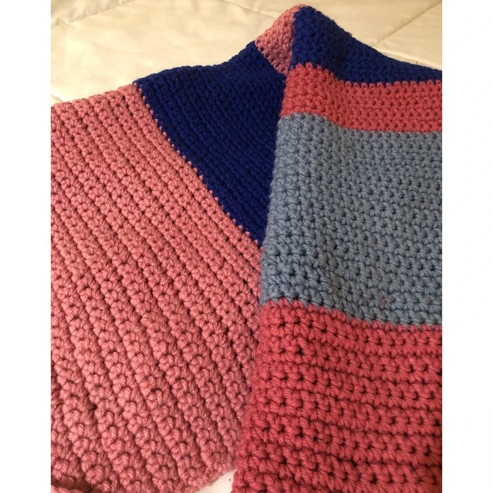 Four toned Stripes Pretty Pink Blue Vintage Afghan Cozy Couch‎ Throw Blanket